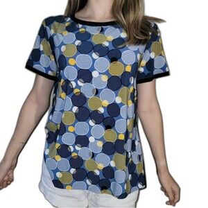 Anne Klein Womens Size L Geometric Circles Blue Yellow Short Sleeve Top